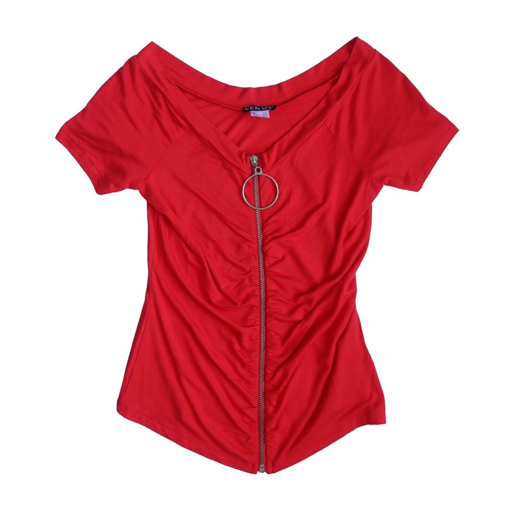 Venus Red Ruched Ring Zip Top – Size Small